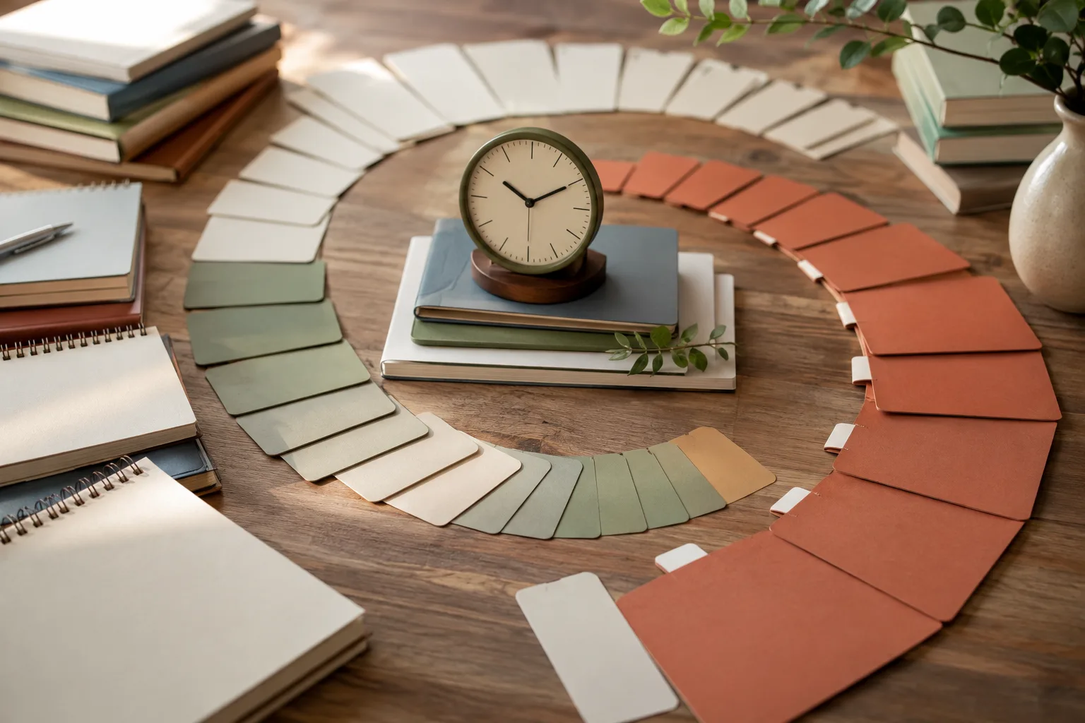 Compressed sequence of course cards and notebooks arranged around a clock