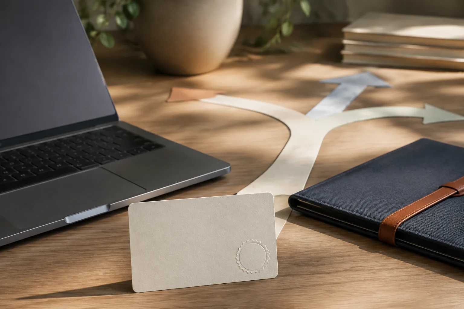 Laptop, blank credential card, and branching paper paths representing certification outcomes