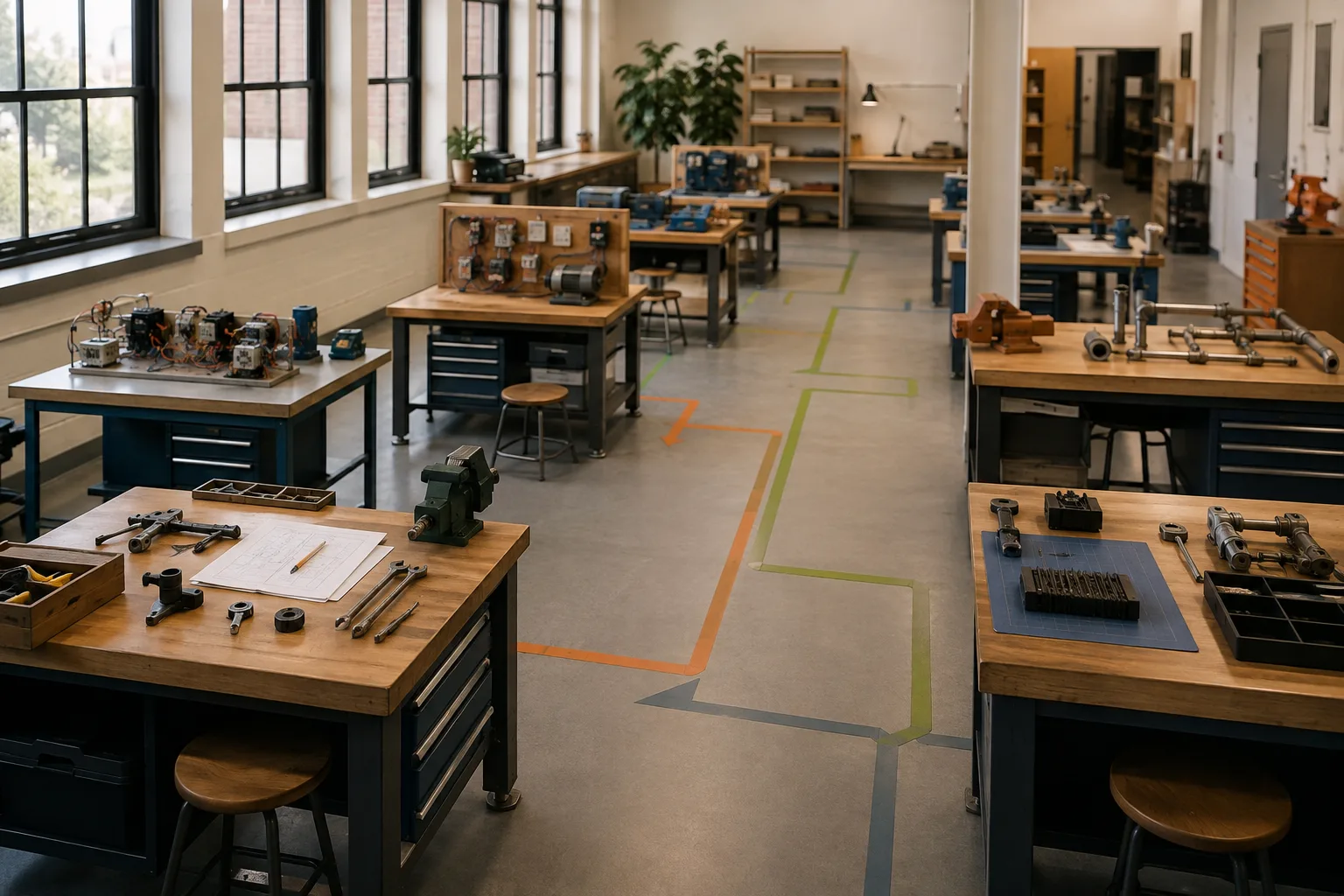Technical training workspace with branching floor pathways and hands-on learning equipment
