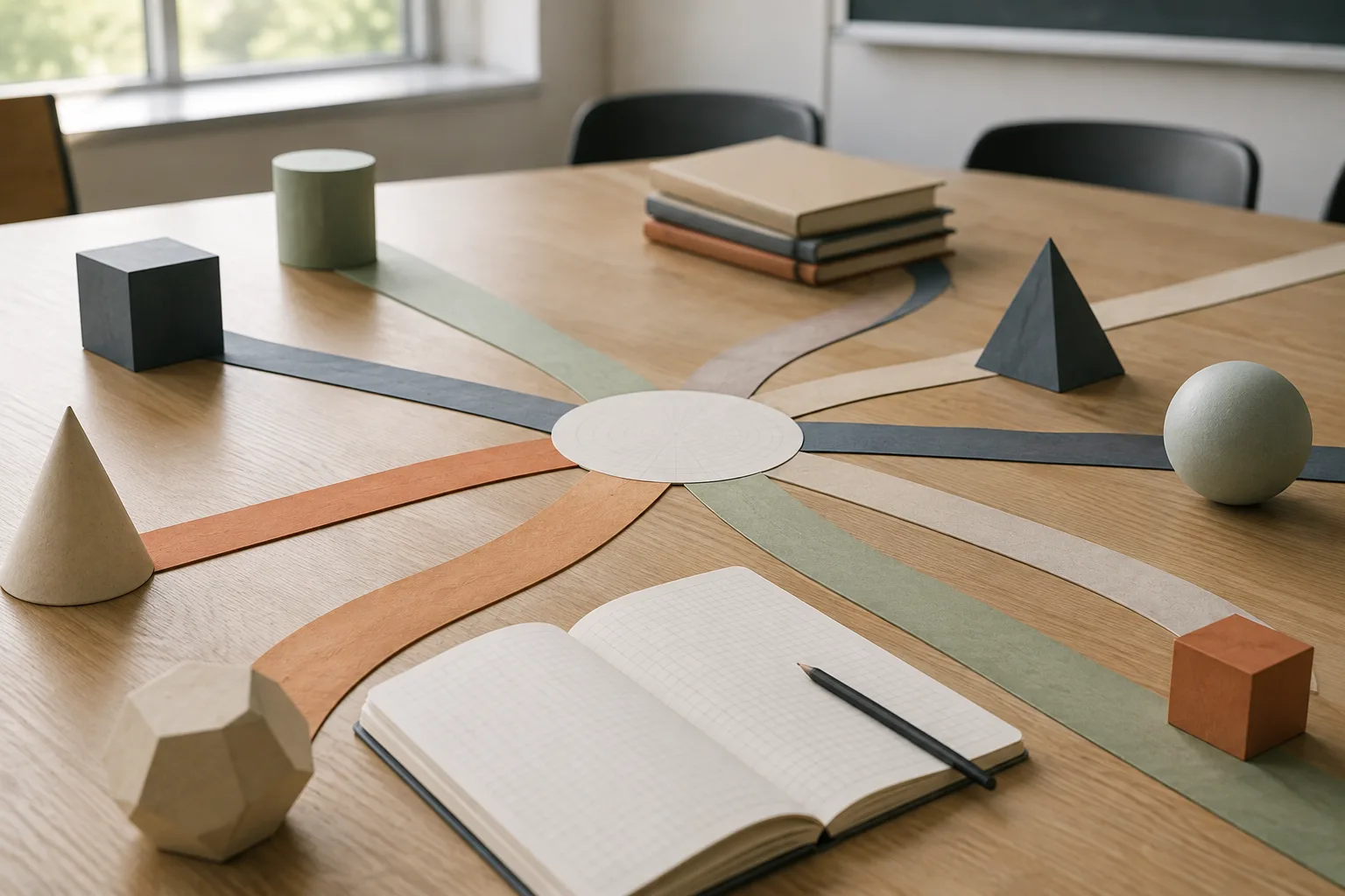 Geometric STEM forms connected by multiple paper pathways on a study table