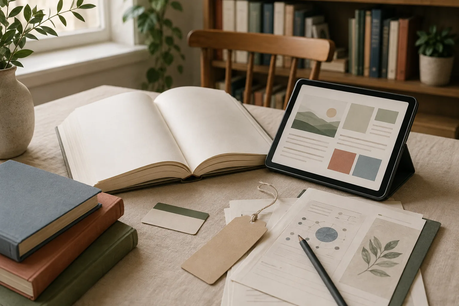 Open educational materials, tablet, books, and a blank price tag on a study table